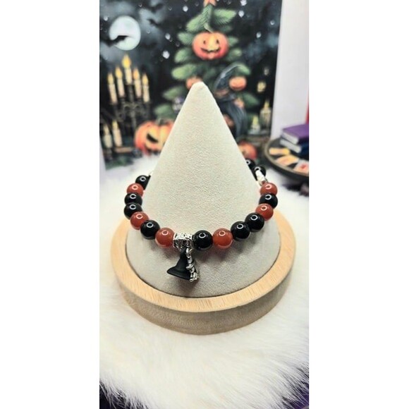 Witch Cat Charm Black Obsidian and Carnelian Beaded Bracelet - Picture 3 of 5